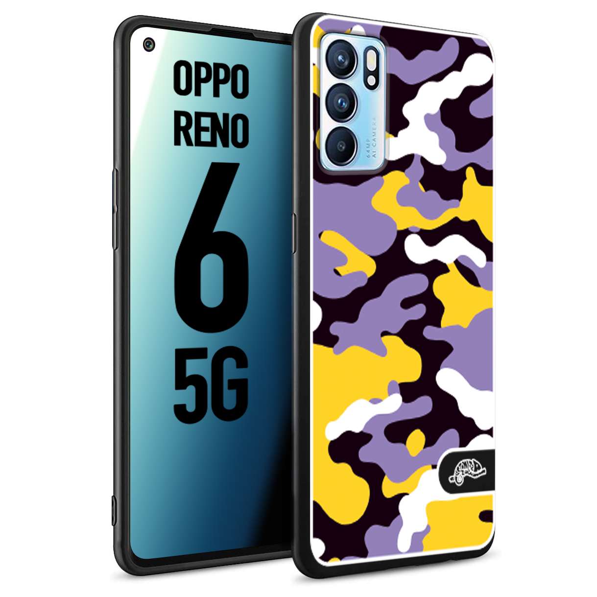 CUSTOMIZZA - Custodia cover nera morbida in tpu compatibile per Oppo Reno 6 5G camouflage mimetico militare viola lilla giallo