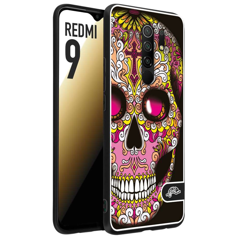 CUSTOMIZZA - Custodia cover nera morbida in tpu compatibile per Xiaomi Redmi 9 teschio messicano Mexican skull rosa gialla