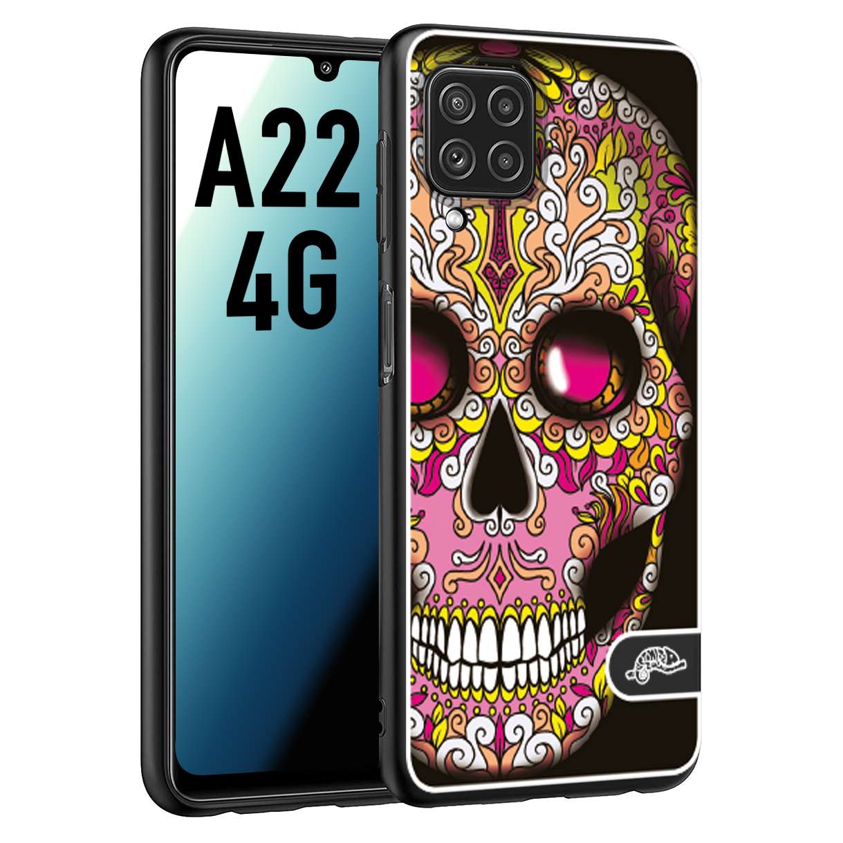 CUSTOMIZZA - Custodia cover nera morbida in tpu compatibile per Samsung A22 4G teschio messicano Mexican skull rosa gialla