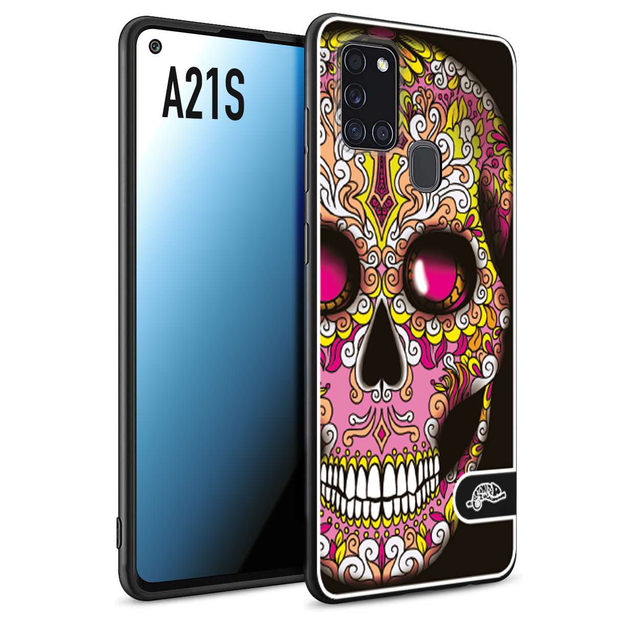 CUSTOMIZZA - Custodia cover nera morbida in tpu compatibile per Samsung A21S teschio messicano Mexican skull rosa gialla