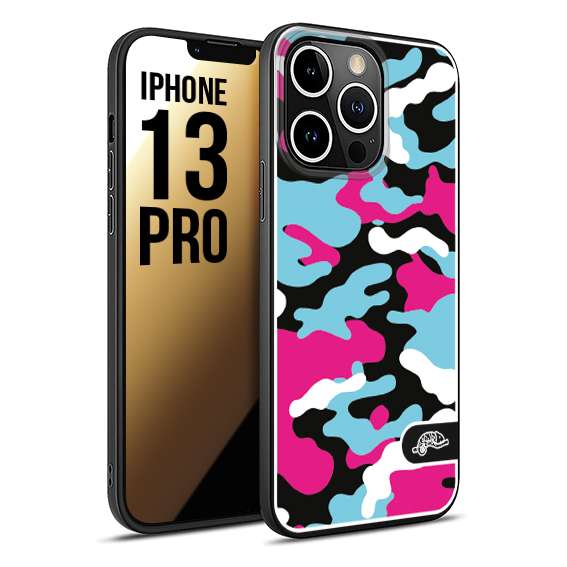 CUSTOMIZZA - Custodia cover nera morbida in tpu compatibile per iPhone 13 PRO camouflage mimetico militare fucsia celeste