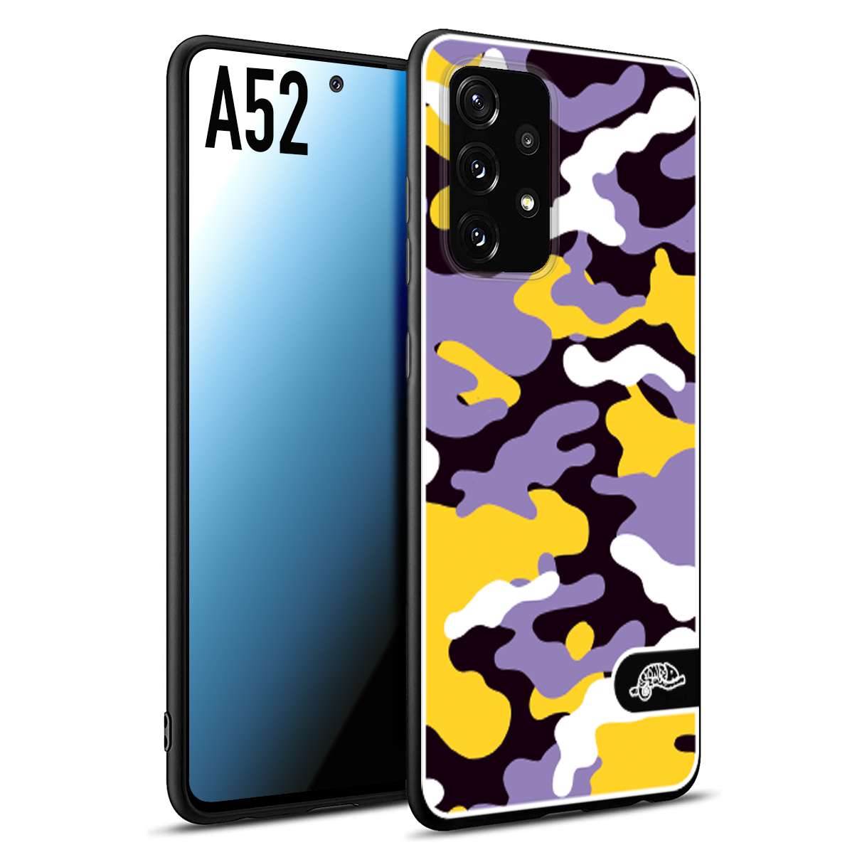 CUSTOMIZZA - Custodia cover nera morbida in tpu compatibile per Samsung A52 camouflage mimetico militare viola lilla giallo