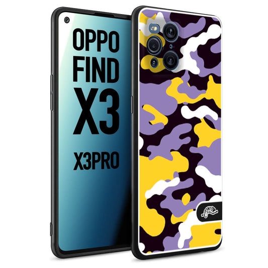 CUSTOMIZZA - Custodia cover nera morbida in tpu compatibile per Oppo Find X3 - Find X3 Pro 5G camouflage mimetico militare viola lilla giallo