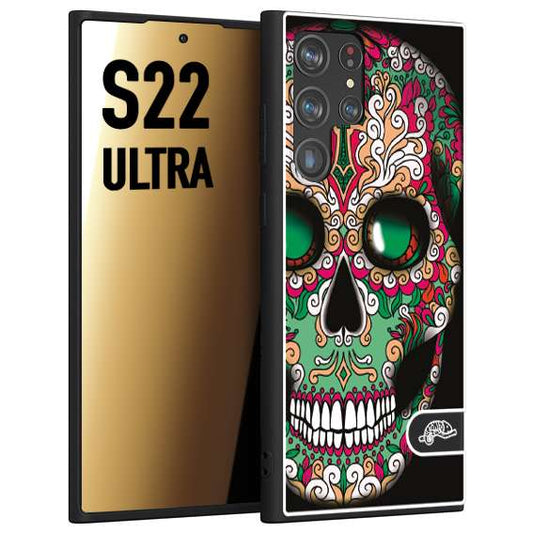 CUSTOMIZZA - Custodia cover nera morbida in tpu compatibile per Samsung S22 ULTRA teschio messicano Mexican skull verde fucsia