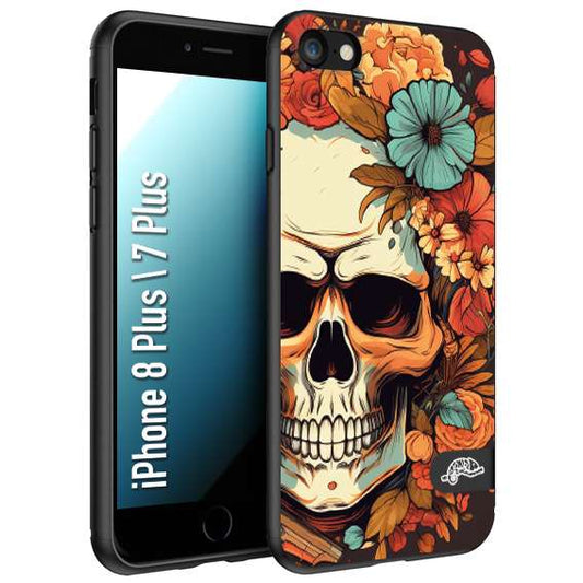 CUSTOMIZZA - Custodia cover nera morbida in tpu compatibile per iPhone 7 Plus - 8 plusteschio skull flowers fiori autunnali arancio celeste tattoo