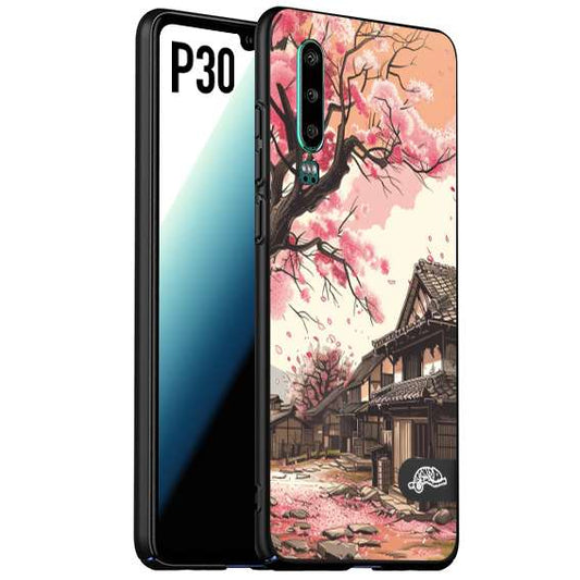 CUSTOMIZZA - Custodia cover nera morbida in tpu compatibile per Huawei P30 casa giapponese rosa ciliegio in fiore disegnata tattoo