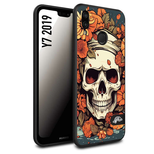 CUSTOMIZZA - Custodia cover nera morbida in tpu compatibile per Huawei Y7 2019 teschio skull flowers fiori tattoo disegnato alta definizione