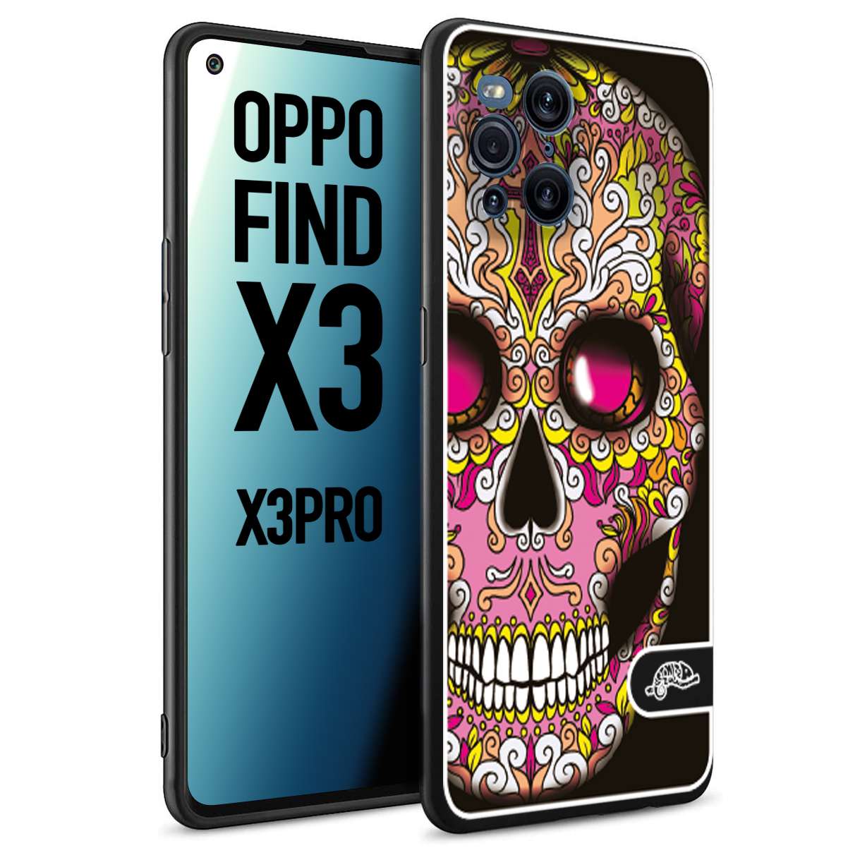 CUSTOMIZZA - Custodia cover nera morbida in tpu compatibile per Oppo Find X3 - Find X3 Pro 5G teschio messicano Mexican skull rosa gialla