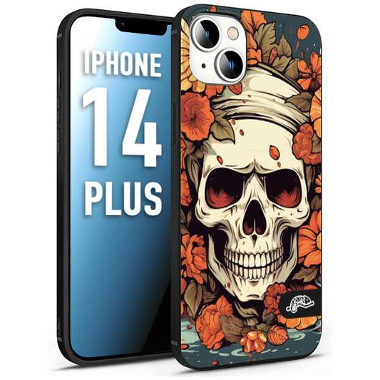 CUSTOMIZZA - Custodia cover nera morbida in tpu compatibile per iPhone 14 PLUS teschio skull flowers fiori tattoo disegnato alta definizione