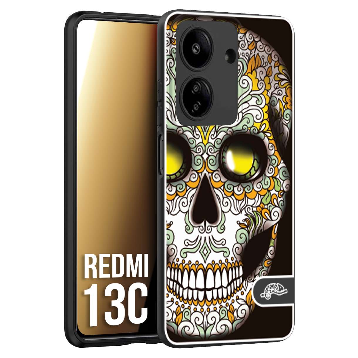 CUSTOMIZZA - Custodia cover nera morbida in tpu compatibile per Xiaomi Redmi 13C teschio messicano Mexican skull bianco verde giallo