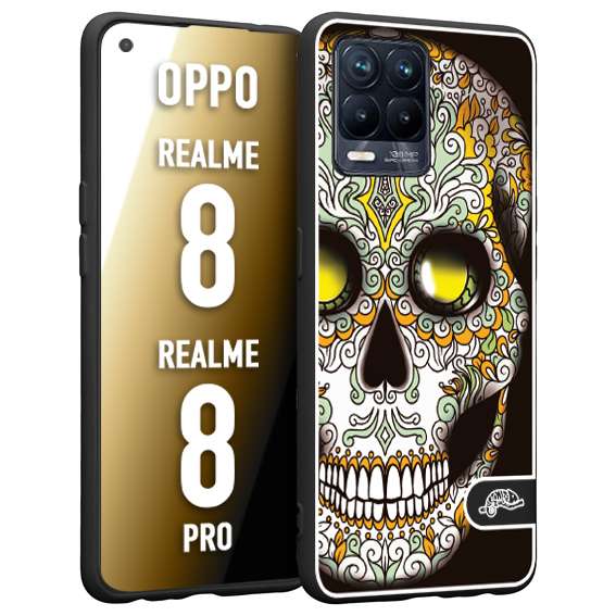 CUSTOMIZZA - Custodia cover nera morbida in tpu compatibile per Oppo Realme 8 - 8 PRO teschio messicano Mexican skull bianco verde giallo