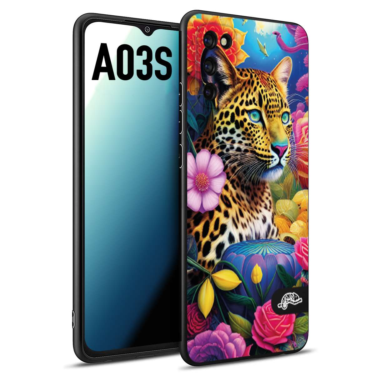 CUSTOMIZZA - Custodia cover nera morbida in tpu compatibile per Samsung A03S fiori astratti donna flower fantasia leopardo ghepardo animali colorati