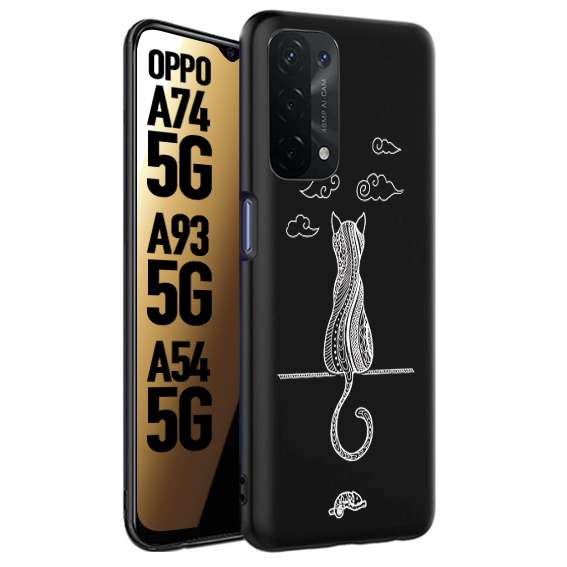 CUSTOMIZZA - Custodia cover nera morbida in tpu compatibile per Oppo A74 5G - A93 5G - A54 5G gatto mandala stilizzato gattino a rilievo soft touch donna bianca