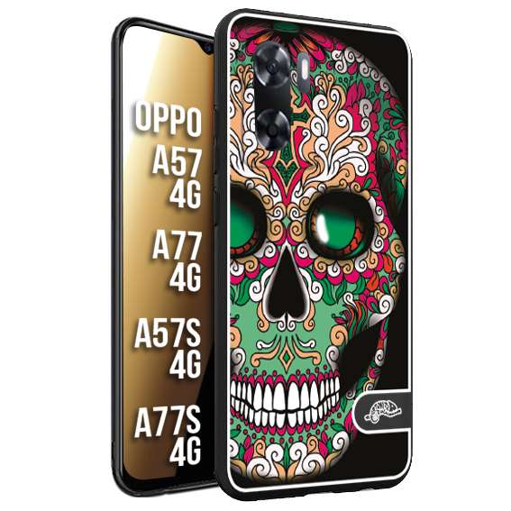 CUSTOMIZZA - Custodia cover nera morbida in tpu compatibile per Oppo A57 - A77 - A57S - A77S (4G) teschio messicano Mexican skull verde fucsia