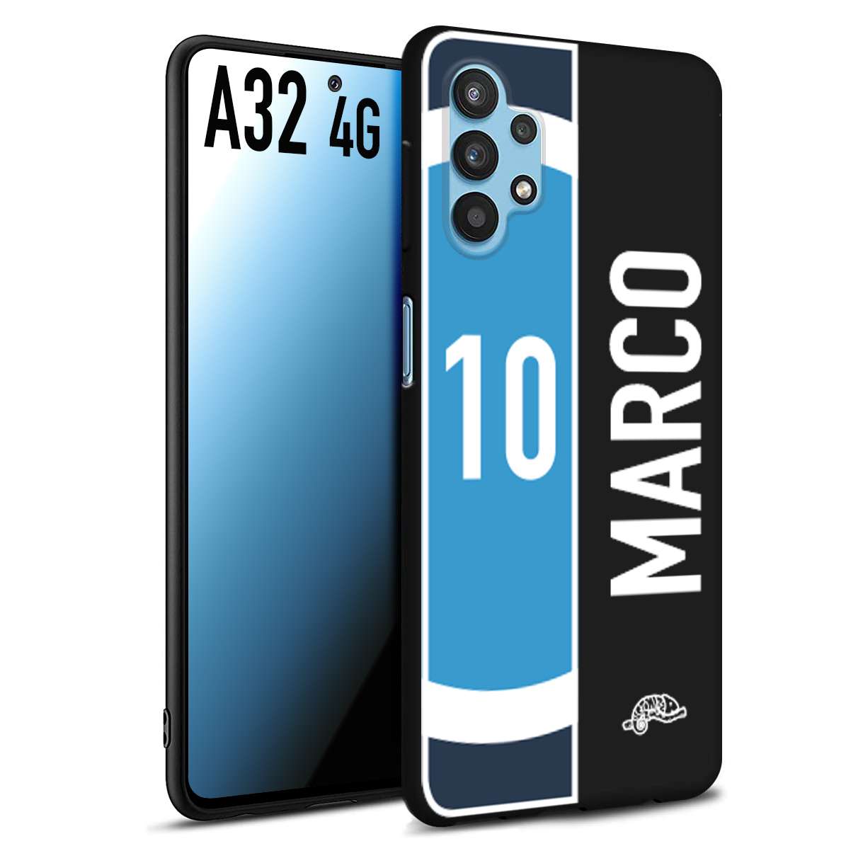 CUSTOMIZZA - Custodia cover nera morbida in tpu compatibile per Samsung A32 4G personalizzata calcio football nome e numero calciatori biancoazzurri bianco celesti