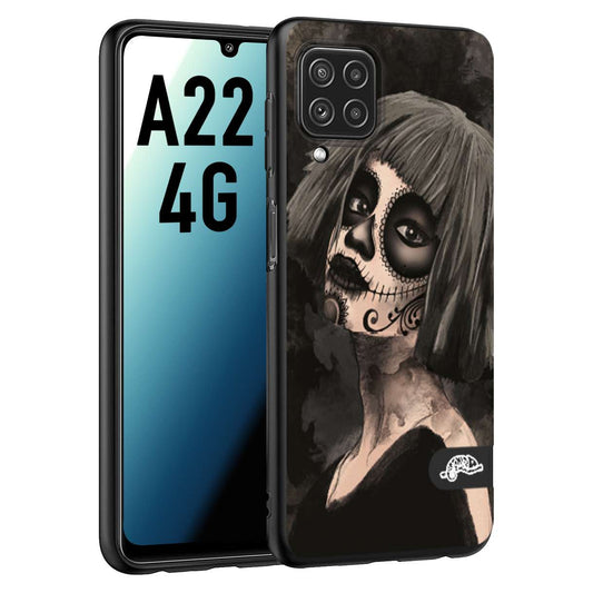 CUSTOMIZZA - Custodia cover nera morbida in tpu compatibile per Samsung A22 4G chicana messicana dea de la muerte donna santa tattoo disegnata