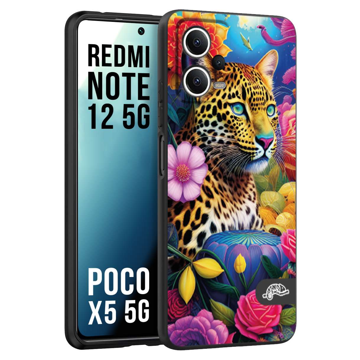 CUSTOMIZZA - Custodia cover nera morbida in tpu compatibile per Xiaomi Redmi Note 12 - POCO X5 5G fiori astratti donna flower fantasia leopardo ghepardo animali colorati