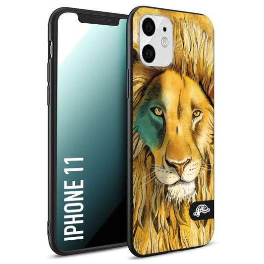 CUSTOMIZZA - Custodia cover nera morbida in tpu compatibile per iPhone 11 leone lion disegnato a mano giallo blu a rilievo artistico brown