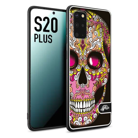 CUSTOMIZZA - Custodia cover nera morbida in tpu compatibile per Samsung S20 PLUS teschio messicano Mexican skull rosa gialla