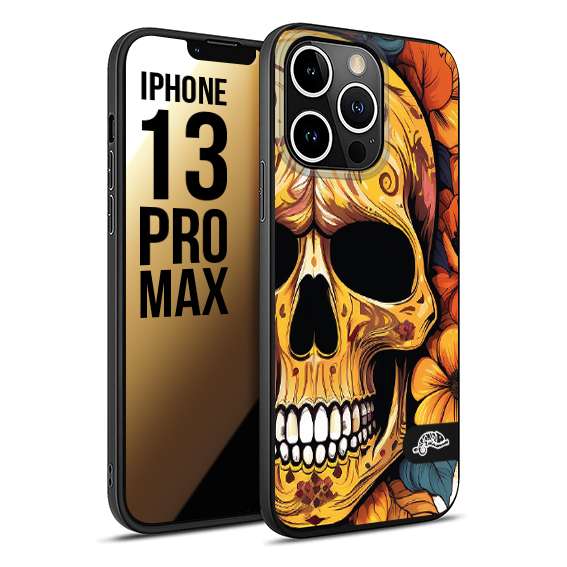 CUSTOMIZZA - Custodia cover nera morbida in tpu compatibile per iPhone 13 PRO MAX teschio messicano colorato dorato fiori autunnali disegnato