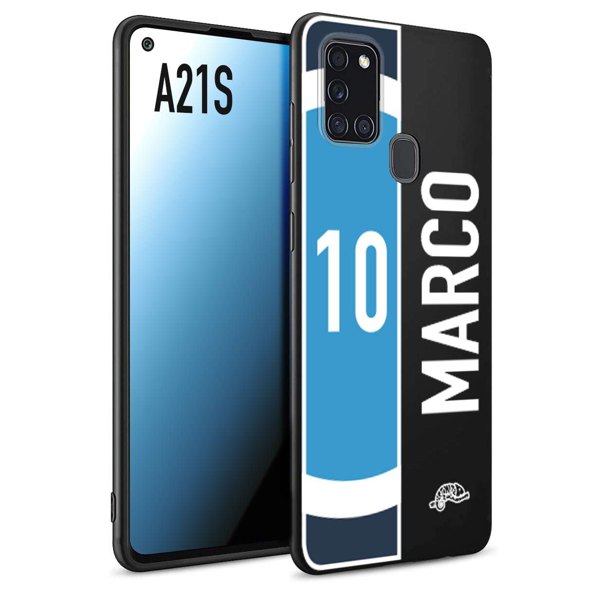 CUSTOMIZZA - Custodia cover nera morbida in tpu compatibile per Samsung A21S personalizzata calcio football nome e numero calciatori biancoazzurri bianco celesti