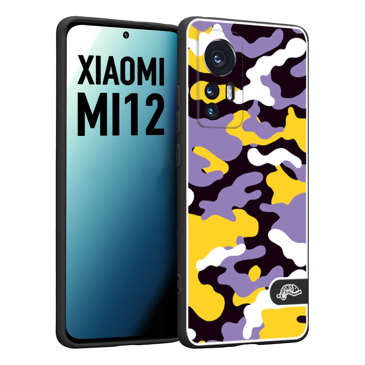 CUSTOMIZZA - Custodia cover nera morbida in tpu compatibile per Xiaomi 12 5G camouflage mimetico militare viola lilla giallo