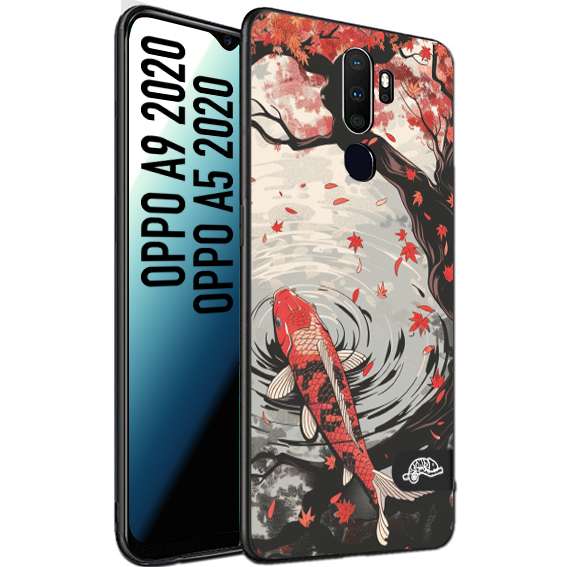 CUSTOMIZZA - Custodia cover nera morbida in tpu compatibile per Oppo A9 2020 - A5 2020 giapponese lago carpa koi rossa con foglie d'acero rosso disegnata tattoo