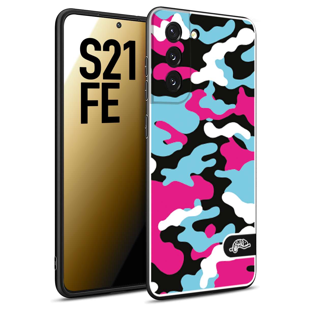 CUSTOMIZZA - Custodia cover nera morbida in tpu compatibile per Samsung S21 FE camouflage mimetico militare fucsia celeste