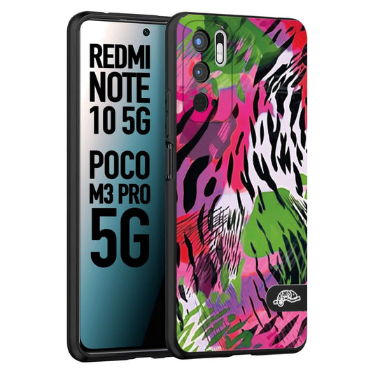 CUSTOMIZZA - Custodia cover nera morbida in tpu compatibile per Xiaomi Redmi Note 10 5G - Poco M3 Pro 5G leopardato tigrato tiger colorata summer color verde fucsia