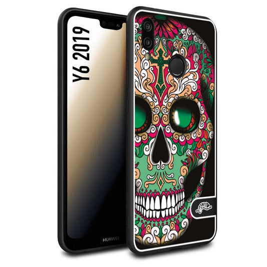 CUSTOMIZZA - Custodia cover nera morbida in tpu compatibile per Huawei Y6 2019 teschio messicano Mexican skull verde fucsia