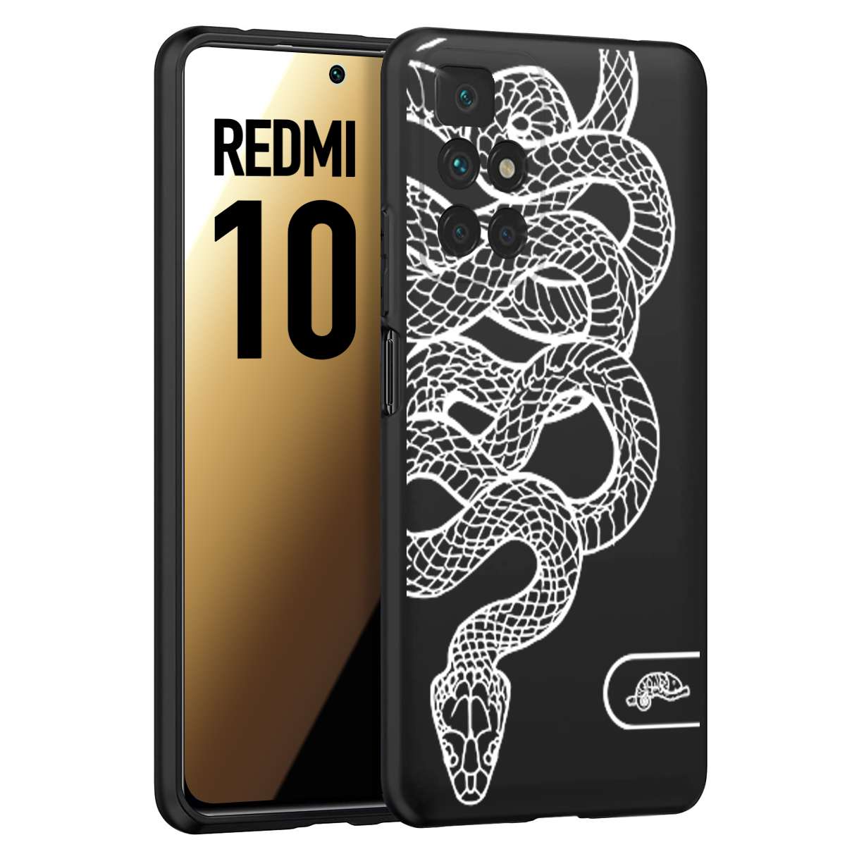 CUSTOMIZZA - Custodia cover nera morbida in tpu compatibile per Xiaomi Redmi 10 serpente snake bianco a rilievo disegnato tattoo tatuaggio