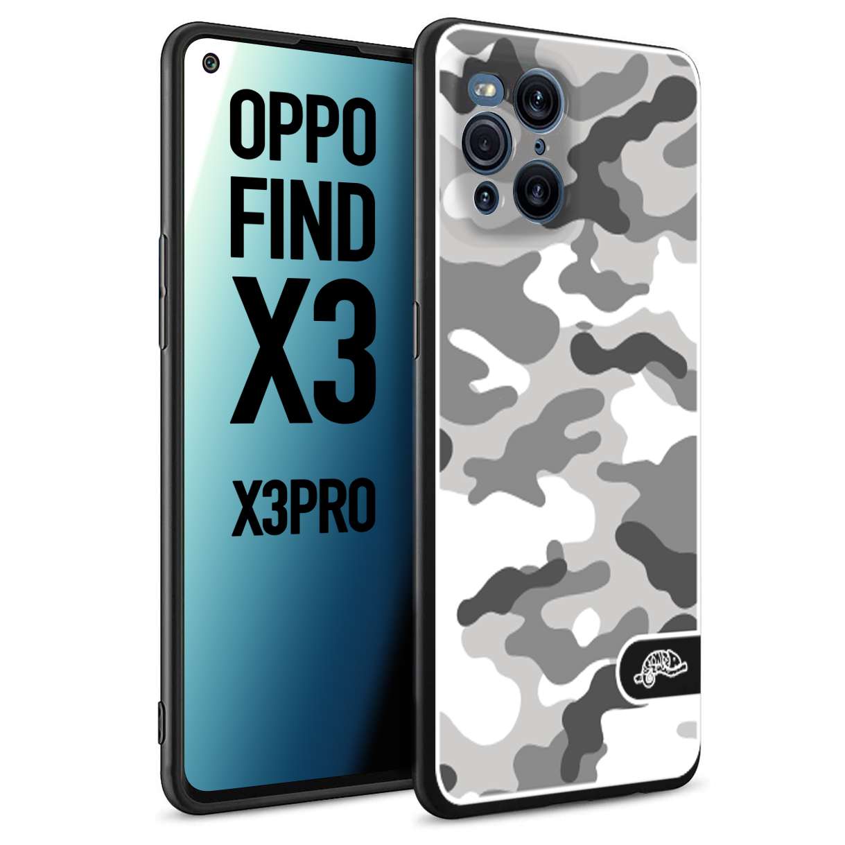 CUSTOMIZZA - Custodia cover nera morbida in tpu compatibile per Oppo Find X3 - Find X3 Pro 5G camouflage mimetico militare bianco white