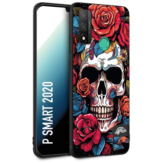 CUSTOMIZZA - Custodia cover nera morbida in tpu compatibile per Huawei P Smart 2020 teschio skull flowers fiori rose rosse tattoo disegnato