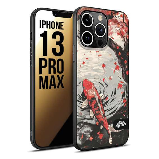 CUSTOMIZZA - Custodia cover nera morbida in tpu compatibile per iPhone 13 PRO MAX giapponese lago carpa koi rossa con foglie d'acero rosso disegnata tattoo