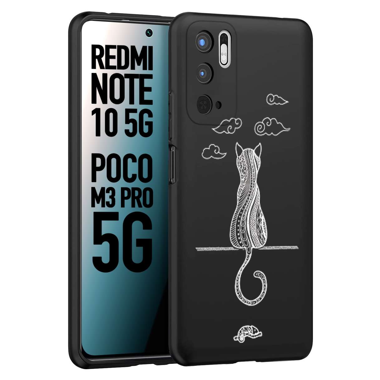 CUSTOMIZZA - Custodia cover nera morbida in tpu compatibile per Xiaomi Redmi Note 10 5G - Poco M3 Pro 5G gatto mandala stilizzato gattino a rilievo soft touch donna bianca