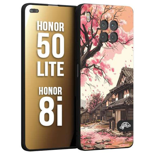 CUSTOMIZZA - Custodia cover nera morbida in tpu compatibile per Honor 8i - Honor 50 LITE casa giapponese rosa ciliegio in fiore disegnata tattoo