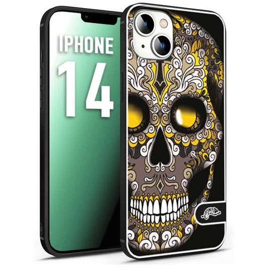 CUSTOMIZZA - Custodia cover nera morbida in tpu compatibile per iPhone 14 teschio messicano Mexican skull nero giallo