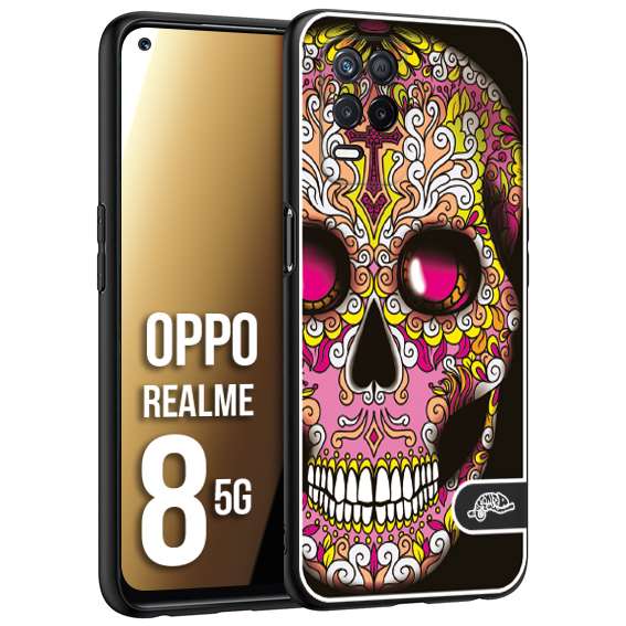 CUSTOMIZZA - Custodia cover nera morbida in tpu compatibile per Oppo Realme 8 5G teschio messicano Mexican skull rosa gialla