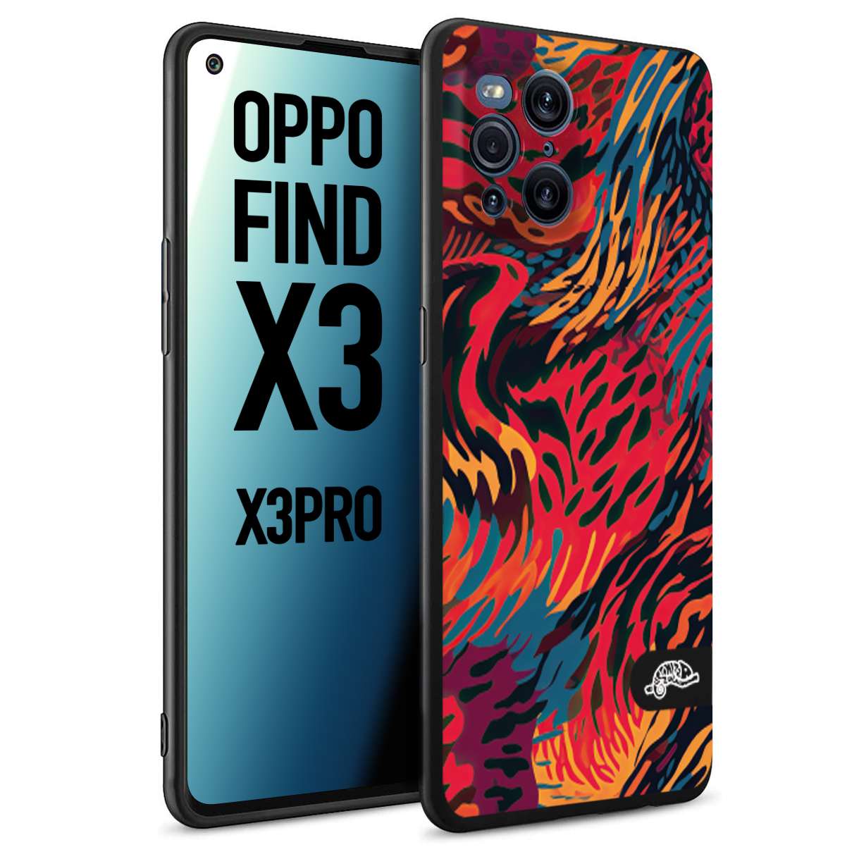 CUSTOMIZZA - Custodia cover nera morbida in tpu compatibile per Oppo Find X3 - Find X3 Pro 5G leopardato maculato tigrato colorata fiamme rossa blu arancione