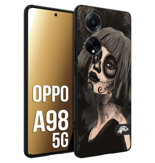 CUSTOMIZZA - Custodia cover nera morbida in tpu compatibile per Oppo A98 5G chicana messicana dea de la muerte donna santa tattoo disegnata