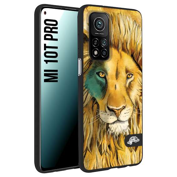 CUSTOMIZZA - Custodia cover nera morbida in tpu compatibile per Xiaomi Mi 10T PRO leone lion disegnato a mano giallo blu a rilievo artistico brown