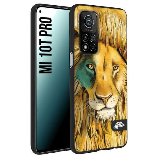 CUSTOMIZZA - Custodia cover nera morbida in tpu compatibile per Xiaomi Mi 10T PRO leone lion disegnato a mano giallo blu a rilievo artistico brown