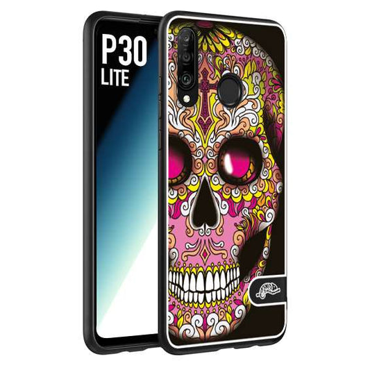 CUSTOMIZZA - Custodia cover nera morbida in tpu compatibile per Huawei P30 LITE teschio messicano Mexican skull rosa gialla