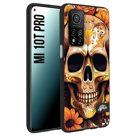 CUSTOMIZZA - Custodia cover nera morbida in tpu compatibile per Xiaomi Mi 10T PRO teschio messicano colorato dorato fiori tattoo disegnato