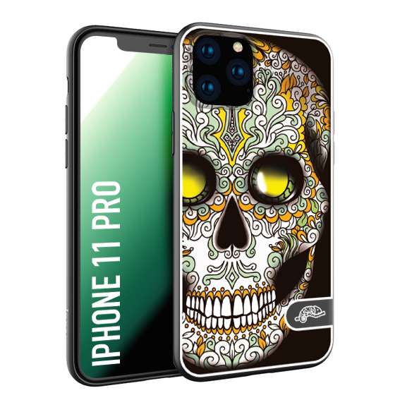 CUSTOMIZZA - Custodia cover nera morbida in tpu compatibile per iPhone 11 PRO teschio messicano Mexican skull bianco verde giallo