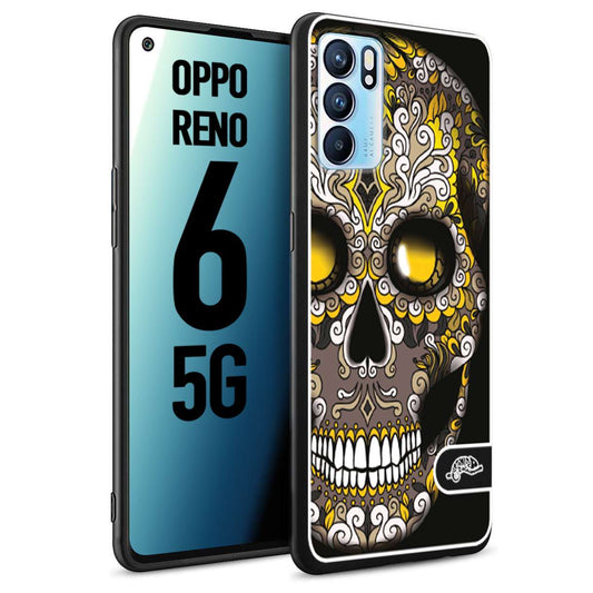 CUSTOMIZZA - Custodia cover nera morbida in tpu compatibile per Oppo Reno 6 5G teschio messicano Mexican skull nero giallo