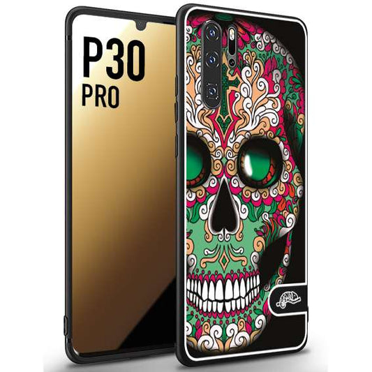 CUSTOMIZZA - Custodia cover nera morbida in tpu compatibile per Huawei P30 PRO teschio messicano Mexican skull verde fucsia