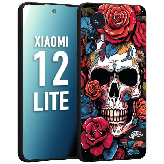 CUSTOMIZZA - Custodia cover nera morbida in tpu compatibile per Xiaomi 12 LITE teschio skull flowers fiori rose rosse tattoo disegnato