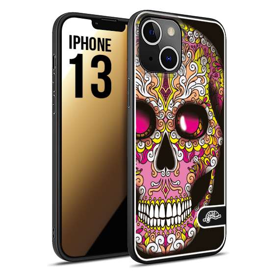 CUSTOMIZZA - Custodia cover nera morbida in tpu compatibile per iPhone 13 teschio messicano Mexican skull rosa gialla