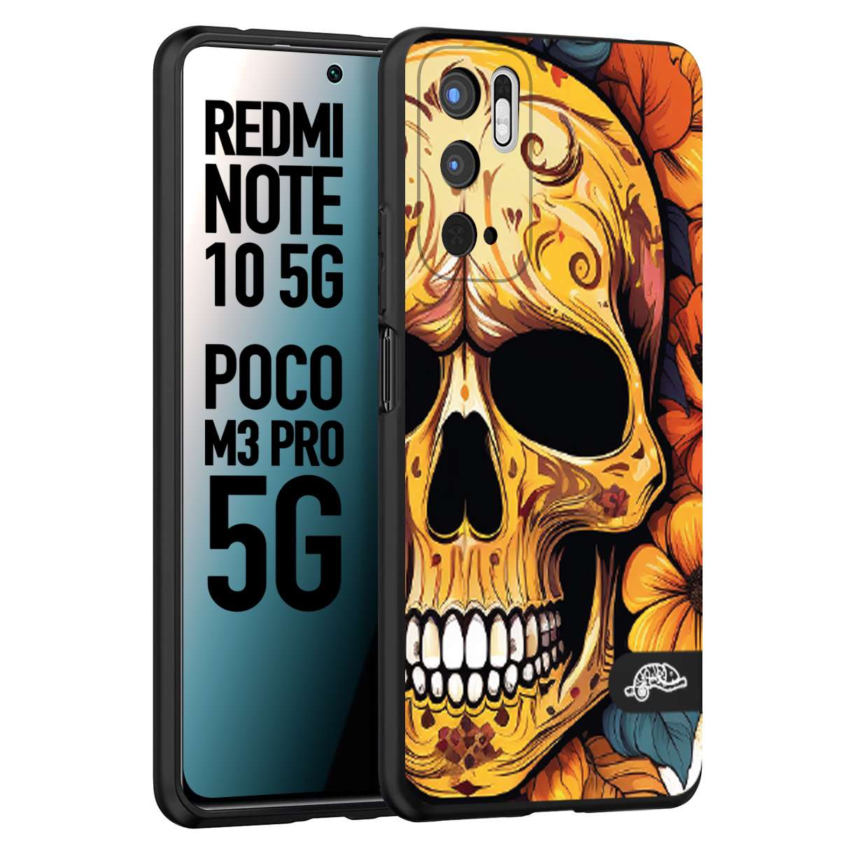 CUSTOMIZZA - Custodia cover nera morbida in tpu compatibile per Xiaomi Redmi Note 10 5G - Poco M3 Pro 5G teschio messicano colorato dorato fiori autunnali disegnato